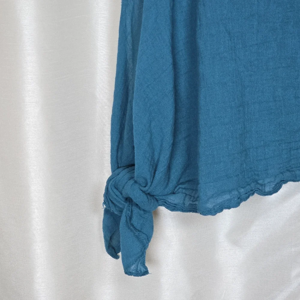 MEO MELI Made In Italy 100% Linen Tunic Top Blue Short Sleeve Lrg/XL Cottagecore - Picture 2 of 15